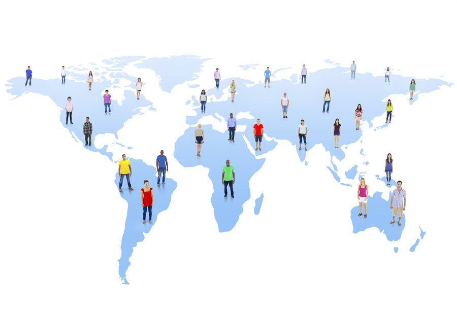 World map dotted with small figures of people, a symbol of an online cruise community